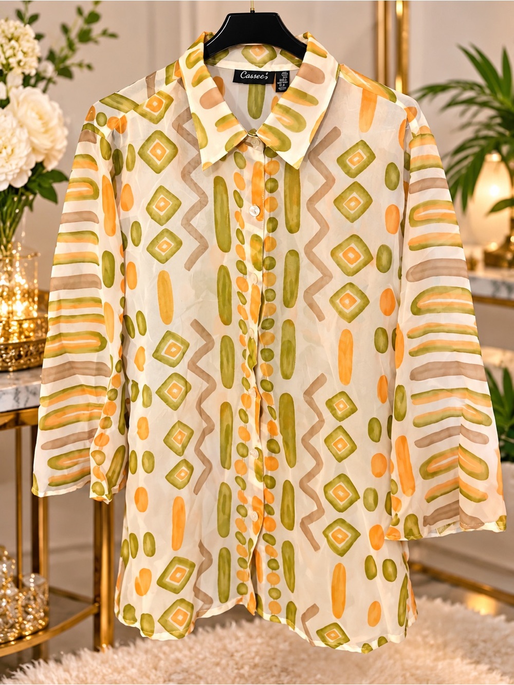 Women’s' Geometric Button-Up Shirt in Cream, Green & Orange - Picture 2 of 2